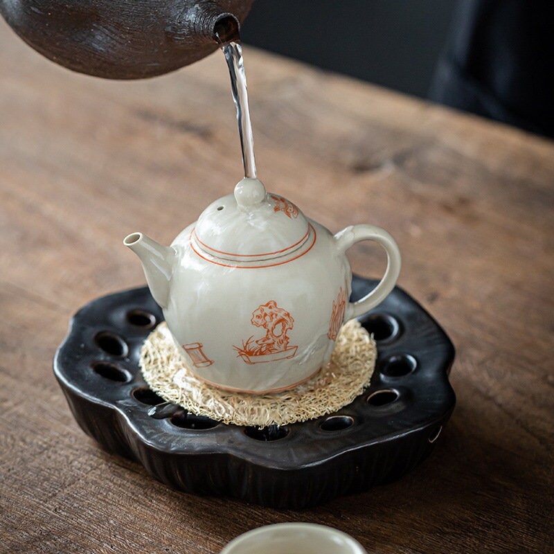Ceramic Lotus Pod Gongfu Teapot Holder (Hu Cheng), Small Water Storage Teapot Holder, Creative Tea Tray, Kungfu Teapot Stand, 3 Colors