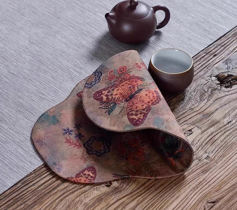 Butterfly Tea-Silk Mat 25x35cm, Gambiered Canton Silk Tea Mat, Natural Dye, Tea table Placemat, Chado Mat, Gongfu Tea Accessory, 6 Styles