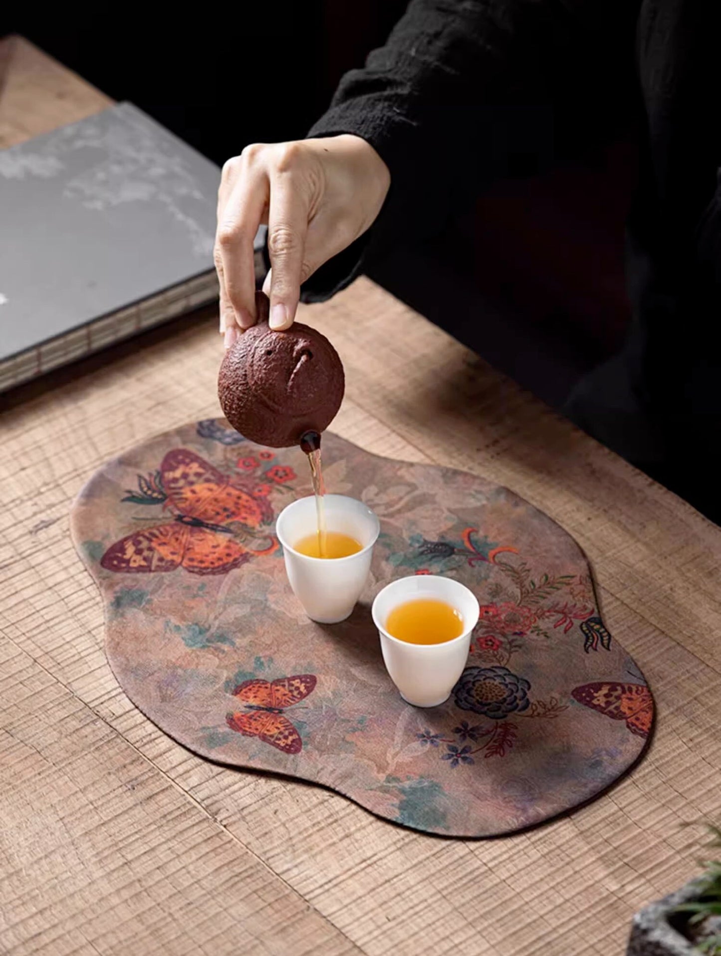 Butterfly Tea-Silk Mat 25x35cm, Gambiered Canton Silk Tea Mat, Natural Dye, Tea table Placemat, Chado Mat, Gongfu Tea Accessory, 6 Styles