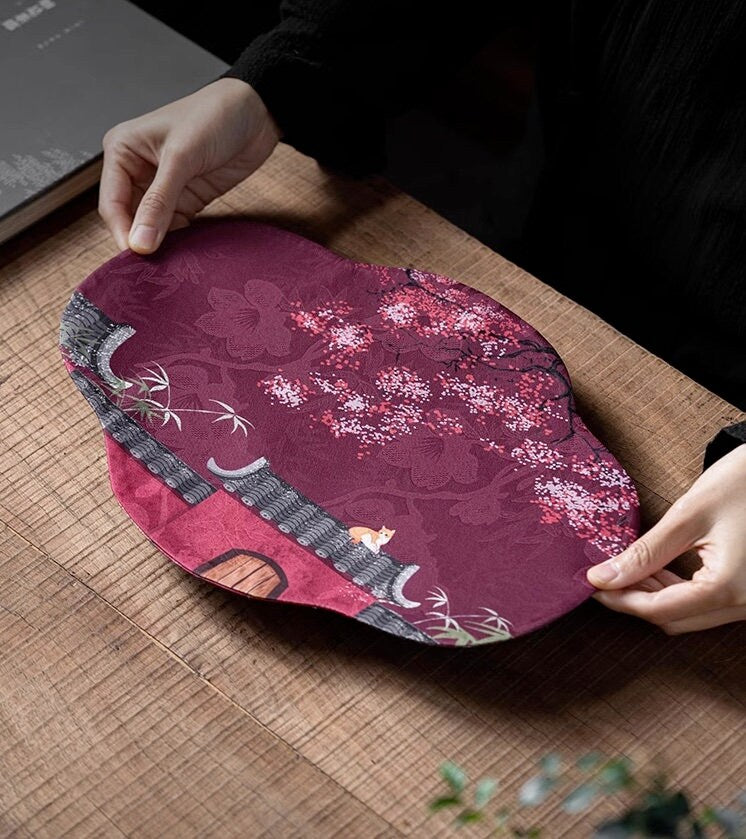 Butterfly Tea-Silk Mat 25x35cm, Gambiered Canton Silk Tea Mat, Natural Dye, Tea table Placemat, Chado Mat, Gongfu Tea Accessory, 6 Styles