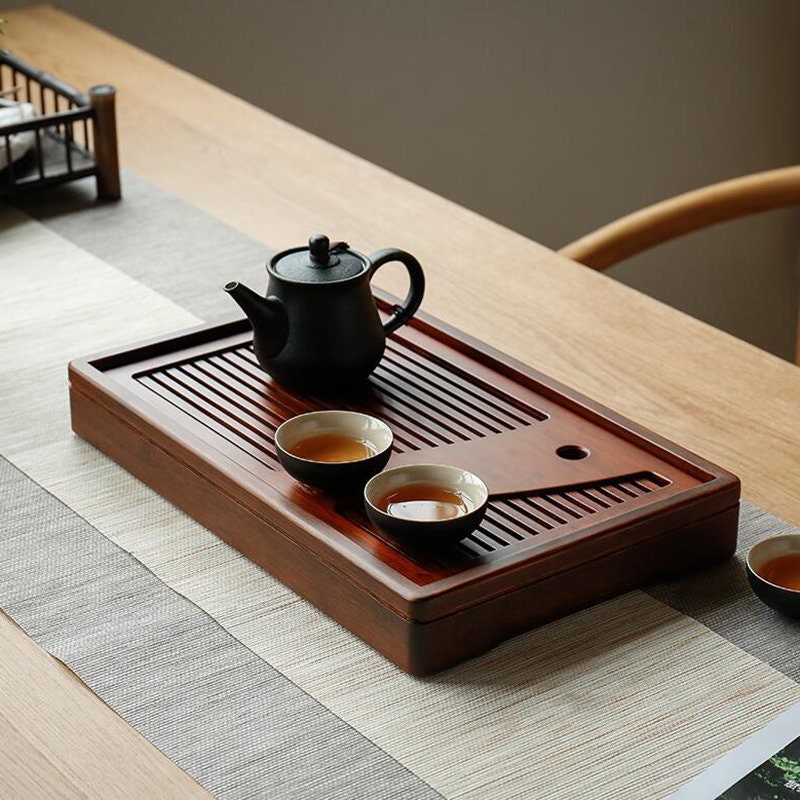 Bamboo Tea Tray, Gongfu Tea Boat, Gongfu Tea Table, Water Storage Drainage Tea Tray, Carbonized Bamboo Serving Tea Tray - 2 sizes