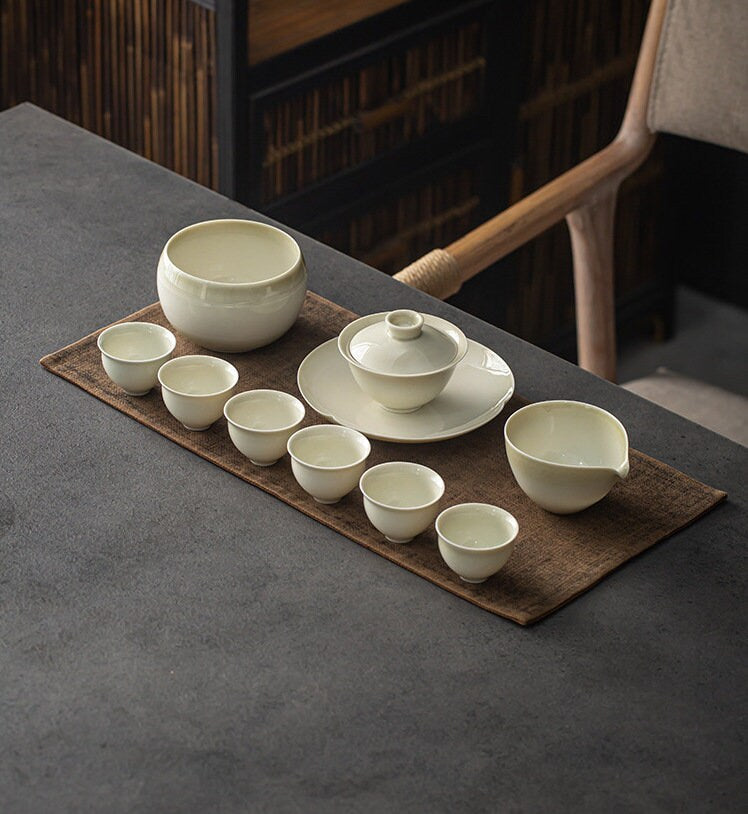 Complete Gaiwan Set for Gongfu Tea Ceremony, Wood Ash Glaze Thin Wall Gaiwan Set - 1 Gaiwan, 6 Cups, 1 Fairness Cup, and 1 Tea Basin