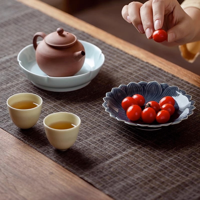 Gongfu Teapot Holder (Hu Cheng), Small Fruit Snack Platter for Gongfu Tea Table, Small Hand Carved Pattern Trays, 3 Styles 2 Colors