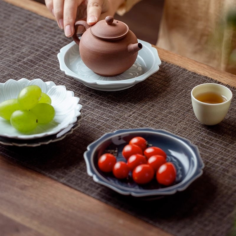 Gongfu Teapot Holder (Hu Cheng), Small Fruit Snack Platter for Gongfu Tea Table, Small Hand Carved Pattern Trays, 3 Styles 2 Colors