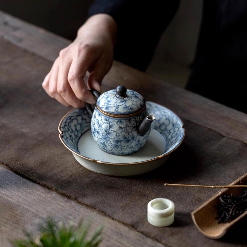 Hand Painted Lucky Clouds Ceramic Teapot Holder (Hu Cheng), Fanggu Style Blue White Teapot Stand, Cup Holder, Gongfu Tea Accessories