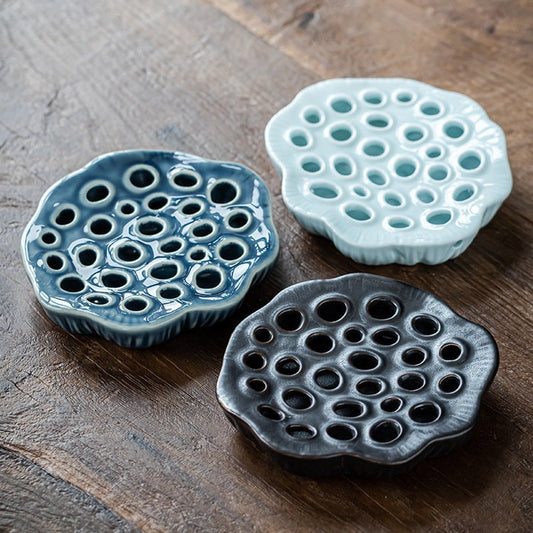 Ceramic Lotus Pod Gongfu Teapot Holder (Hu Cheng), Small Water Storage Teapot Holder, Creative Tea Tray, Kungfu Teapot Stand, 3 Colors