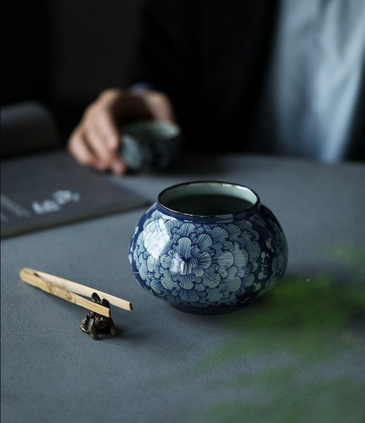 Hand-Thrown Stoneware Tea Basin 800ml/27oz, Hand-Painted Blue White Ceramic Water Basin for Waste Water at Gongfu Tea Session, Jianshui