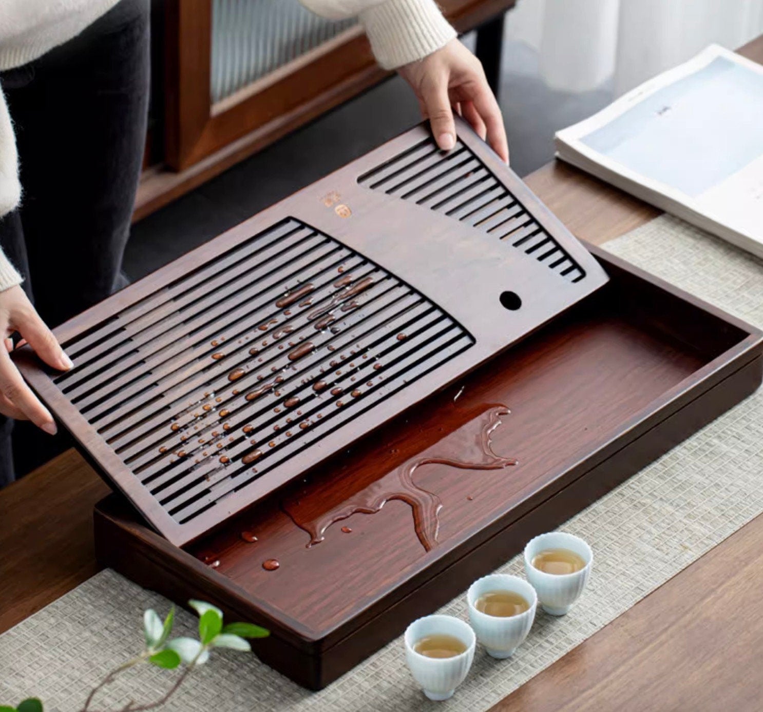Bamboo Tea Tray, Gongfu Tea Boat, Gongfu Tea Table, Water Storage Drainage Tea Tray, Carbonized Bamboo Serving Tea Tray - 2 sizes