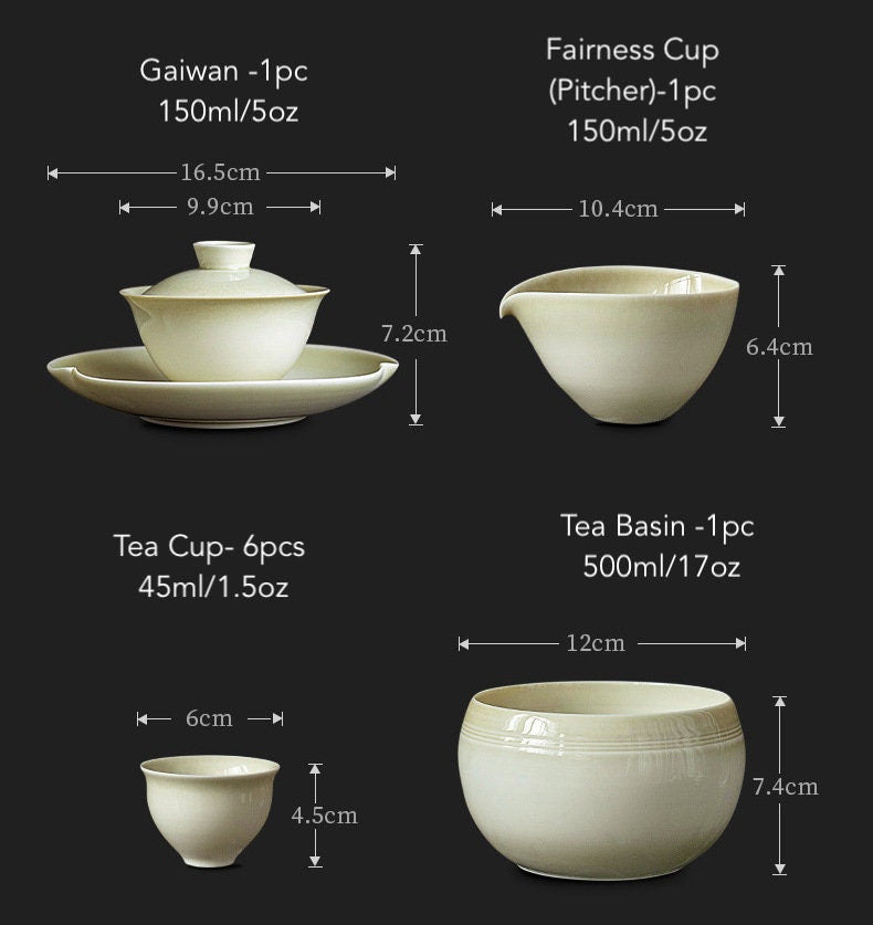 Complete Gaiwan Set for Gongfu Tea Ceremony, Wood Ash Glaze Thin Wall Gaiwan Set - 1 Gaiwan, 6 Cups, 1 Fairness Cup, and 1 Tea Basin