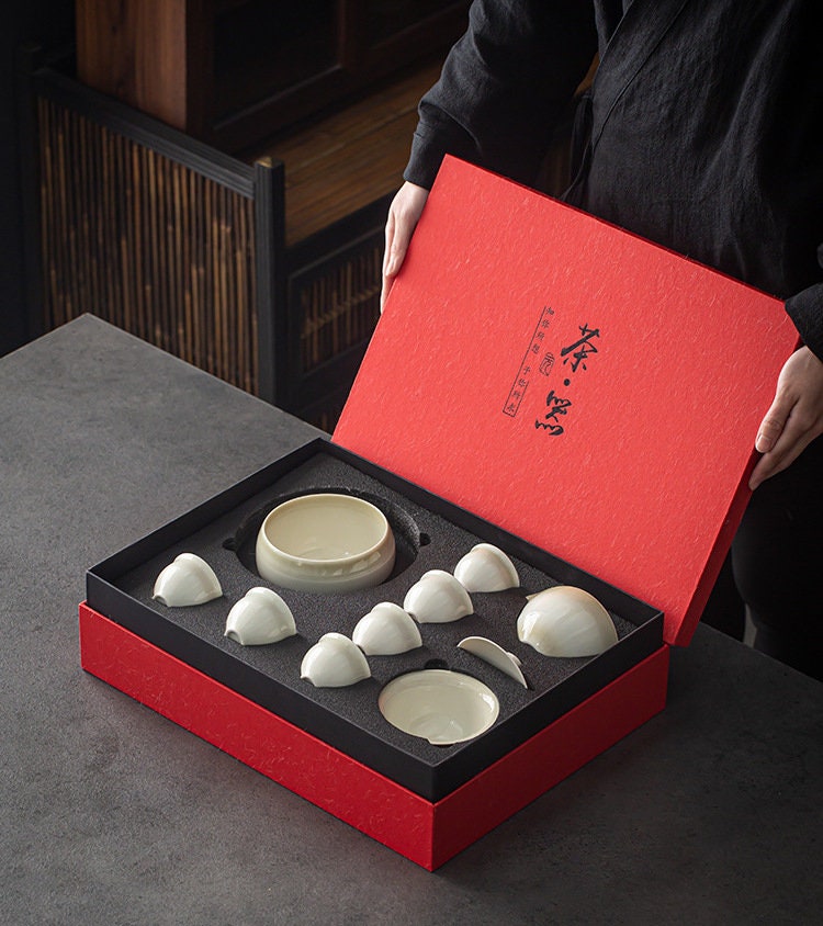 Complete Gaiwan Set for Gongfu Tea Ceremony, Wood Ash Glaze Thin Wall Gaiwan Set - 1 Gaiwan, 6 Cups, 1 Fairness Cup, and 1 Tea Basin