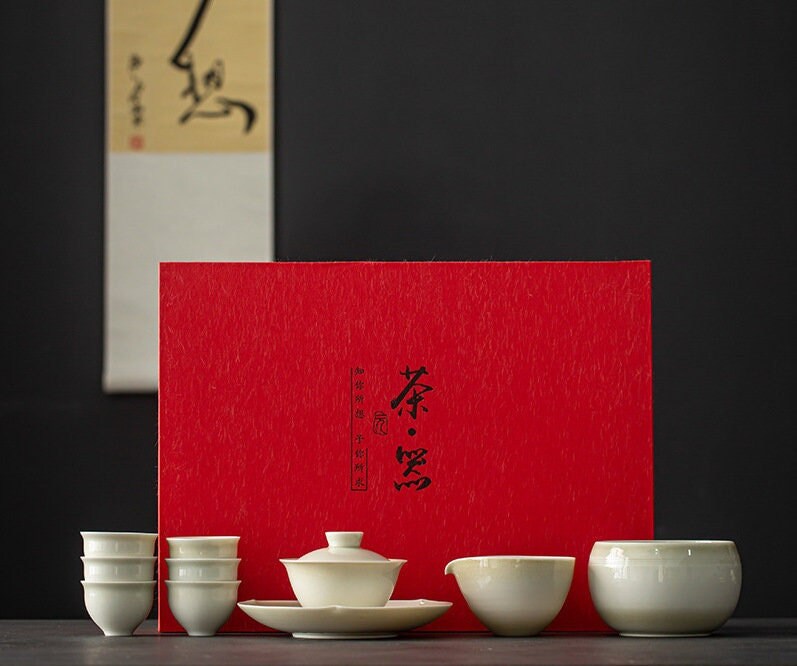 Complete Gaiwan Set for Gongfu Tea Ceremony, Wood Ash Glaze Thin Wall Gaiwan Set - 1 Gaiwan, 6 Cups, 1 Fairness Cup, and 1 Tea Basin