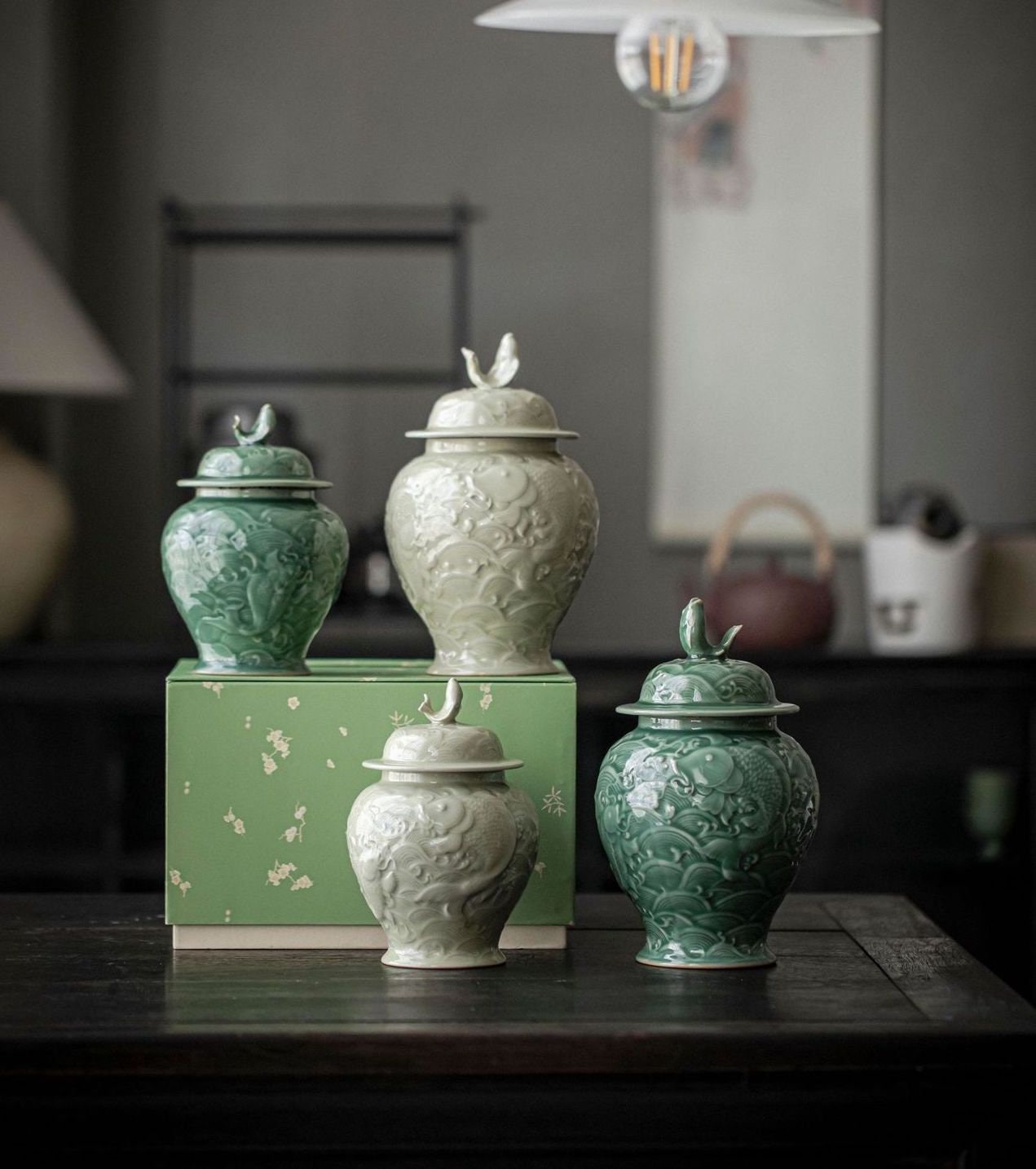 Engraved Fish Waves Ceramic Tea Caddy 770ml/1390ml (26oz/47oz), Tea Canister Storing Loose Leaf Tea, Asian Style, Tea Tin, 2 Sizes 3 Colors