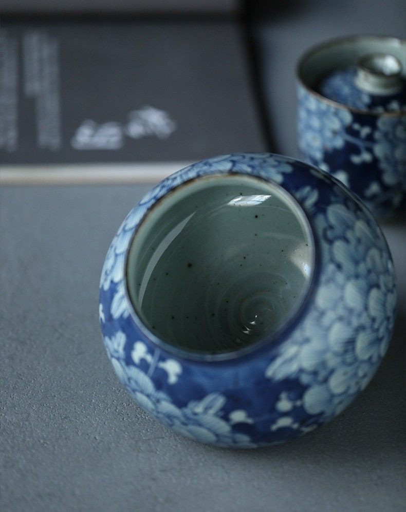 Hand-Thrown Stoneware Tea Basin 800ml/27oz, Hand-Painted Blue White Ceramic Water Basin for Waste Water at Gongfu Tea Session, Jianshui