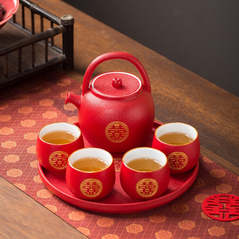 Wedding Tea Set, Double Happiness Chinese Wedding Tea Ceremony Set, Wedding Teapot set with Cups and Tray, Wedding Tea Set in Gift Box