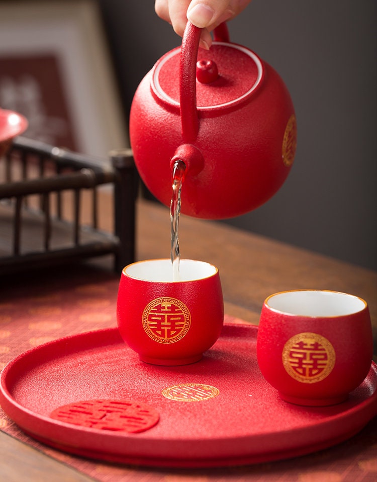 Wedding Tea Set, Double Happiness Chinese Wedding Tea Ceremony Set, Wedding Teapot set with Cups and Tray, Wedding Tea Set in Gift Box