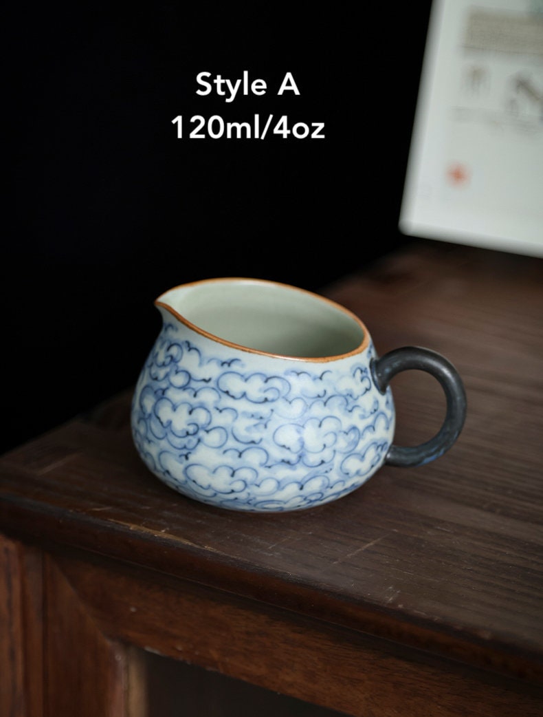 Hand Painted Lucky Clouds Gong Dao Bei (Fairness Cup), Fanggu Style Blue White Tea Pitcher, Cha Hai, Gongfu Tea Accessories - 2 Styles