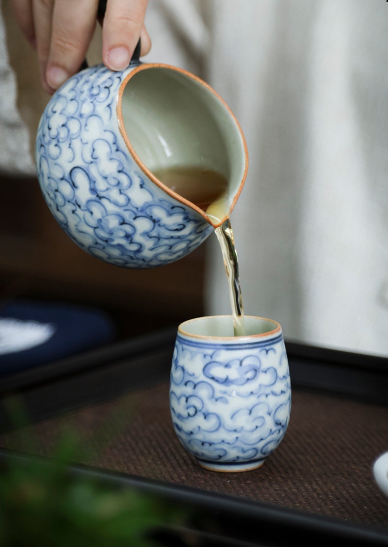 Hand Painted Lucky Clouds Gong Dao Bei (Fairness Cup), Fanggu Style Blue White Tea Pitcher, Cha Hai, Gongfu Tea Accessories - 2 Styles