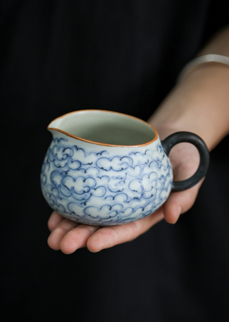 Hand Painted Lucky Clouds Gong Dao Bei (Fairness Cup), Fanggu Style Blue White Tea Pitcher, Cha Hai, Gongfu Tea Accessories - 2 Styles