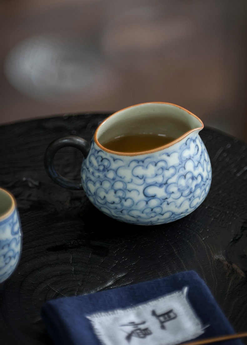 Hand Painted Lucky Clouds Gong Dao Bei (Fairness Cup), Fanggu Style Blue White Tea Pitcher, Cha Hai, Gongfu Tea Accessories - 2 Styles