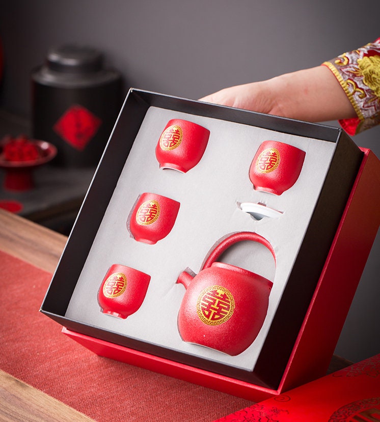 Wedding Tea Set, Double Happiness Chinese Wedding Tea Ceremony Set, Wedding Teapot set with Cups and Tray, Wedding Tea Set in Gift Box