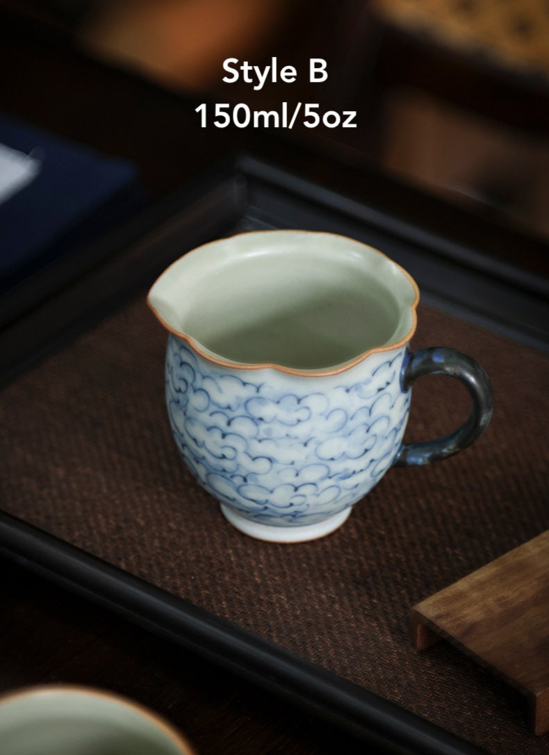 Hand Painted Lucky Clouds Gong Dao Bei (Fairness Cup), Fanggu Style Blue White Tea Pitcher, Cha Hai, Gongfu Tea Accessories - 2 Styles