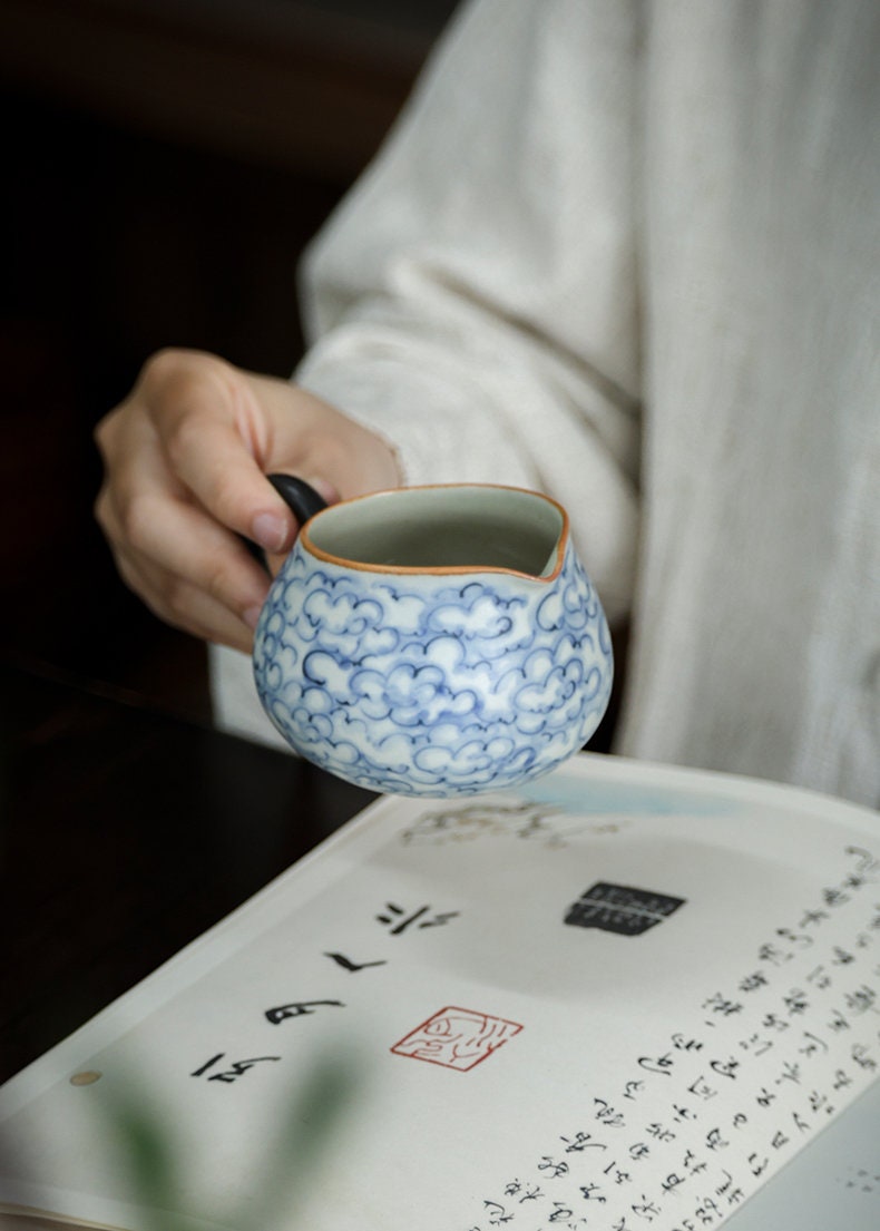 Hand Painted Lucky Clouds Gong Dao Bei (Fairness Cup), Fanggu Style Blue White Tea Pitcher, Cha Hai, Gongfu Tea Accessories - 2 Styles