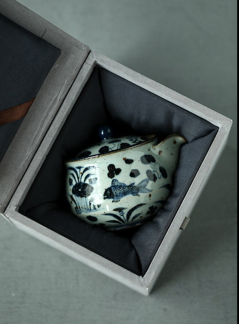 Hand Thrown Stoneware Gongfu Teapot 140-180ml, Hand Painted Blue White Dragon Hand Grab Teapot, Jingdezhen, Gift for Tea Lovers, 3 Patterns