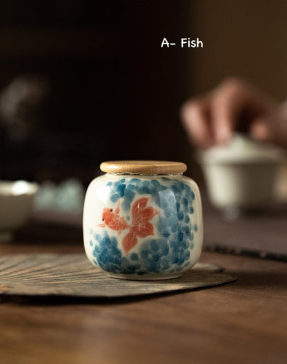 Hand-painted Ceramic Jar for Loose Leaf Teas, Small Tea Tin with Sealed Lid 220ml/7.4oz, Wood Ash Glaze, Tea Caddy, Tea Containers, 6 Styles